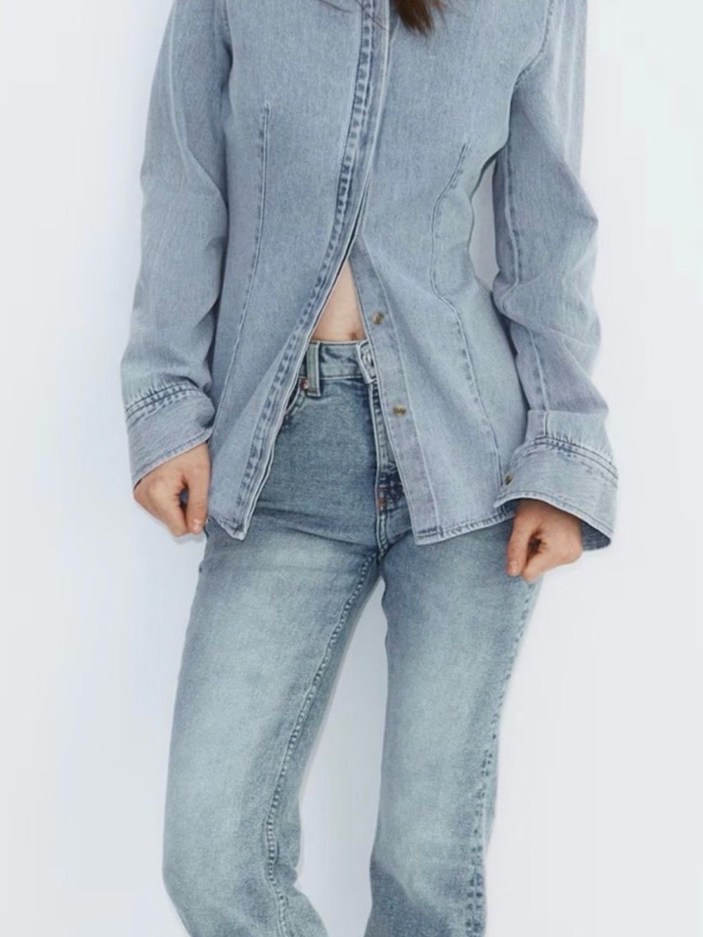Tapered waist denim buttondown shirt